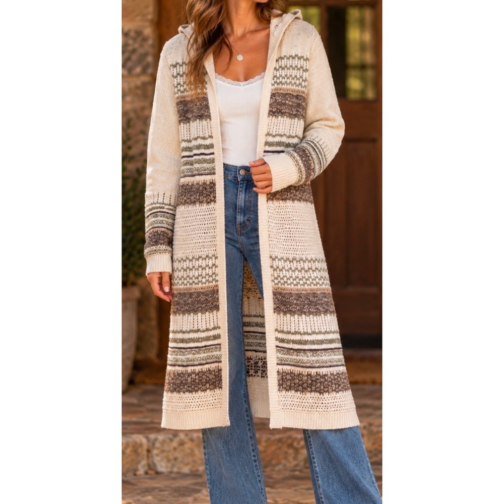 Cato Womens Small Longline Open Knit Hooded Cardigan Duster Striped Boho Ivory